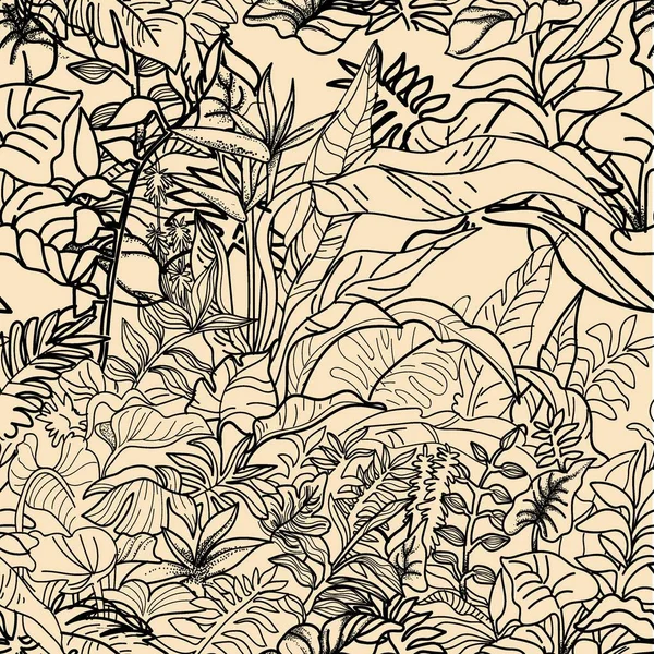 Seamless pattern with banana palm trees. Large leaves of tropical plants. Freehand drawing in vintage style. Tropics, summer.