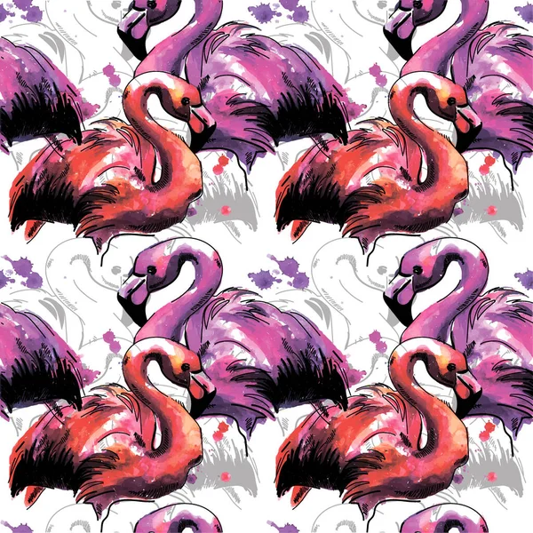 Padrão Com Flamingos Desenho Mão Mancha Aquarela Brilhante Manchas Tinta — Vetor de Stock