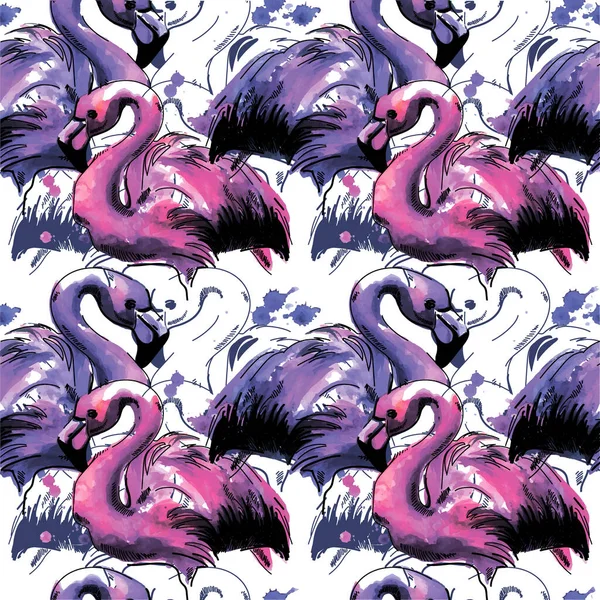 Flamingolu Patern Elle Çizim Parlak Suluboya Lekesi Renkli Boya Lekeleri — Stok Vektör