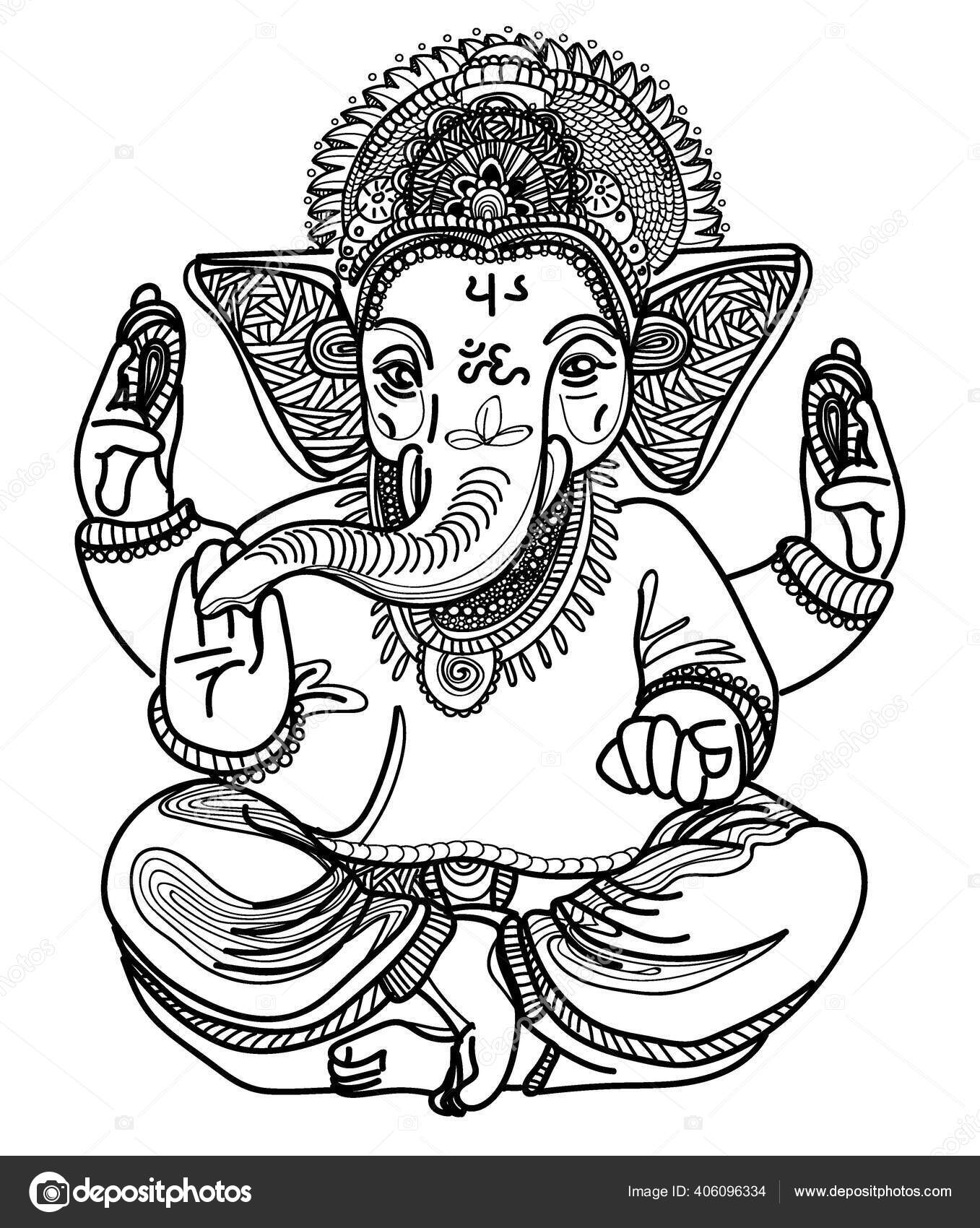 Ganesha Deus Cabeça Elefante Deidade Indiana Símbolo Religioso Desenho Mão  Vetor de ©Rant_Goi 406096334, image size:1357x1700