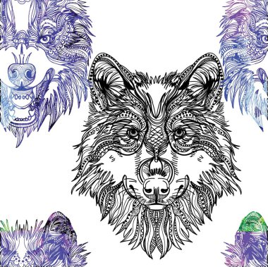 Kavrayıcı kurtların kusursuz deseni. Erkek modeli. Saldırgan, saldırgan. Karalama, mandala deseni. Elle çizim. Tarz arkaplanı.