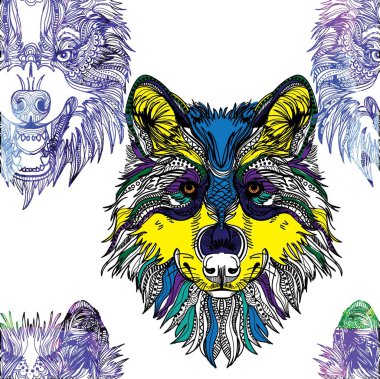 Kavrayıcı kurtların kusursuz deseni. Erkek modeli. Saldırgan, saldırgan. Karalama, mandala deseni. Elle çizim. Tarz arkaplanı.