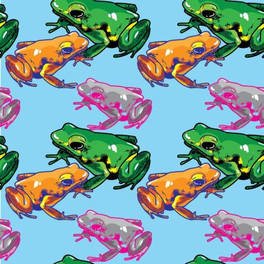 Zehirli kurbağa deseni. Kusursuz desen. Parlak yaz düzeni. Elle çizim. Parlak renkli sevimli kurbağalar. çok renkli desenler. Tropikal kurbağalar.