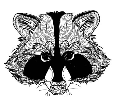 Rakun kafası, rakun köpeği kafası. Klasik tarzda elle çizim yapmak. Meditasyon renkleri. Çocuklar için boyama. Oklar, noktalar, desenler, dalgalar.