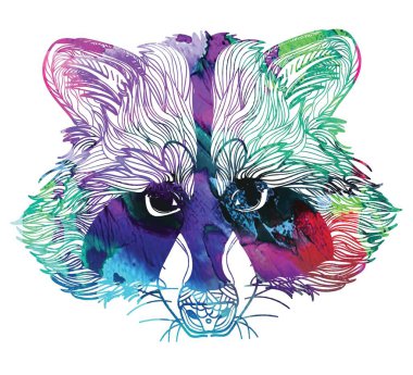 Rakun kafa. Klasik tarzda elle çizim yapmak. Meditasyon renkleri. Çocuklar için boyama. Oklar, noktalar, desenler, dalgalar.