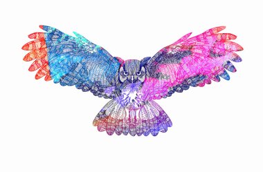 Büyük kanatlı uçan baykuş. Dudling resmi, fiyasko, meditasyon. Kuş kanatlarını açtı..