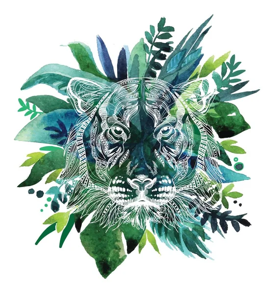 Tiger Dschungel Tigerkopf Auf Dem Hintergrund Tropischer Pflanzen Stilvoller Exotischer — Stockvektor