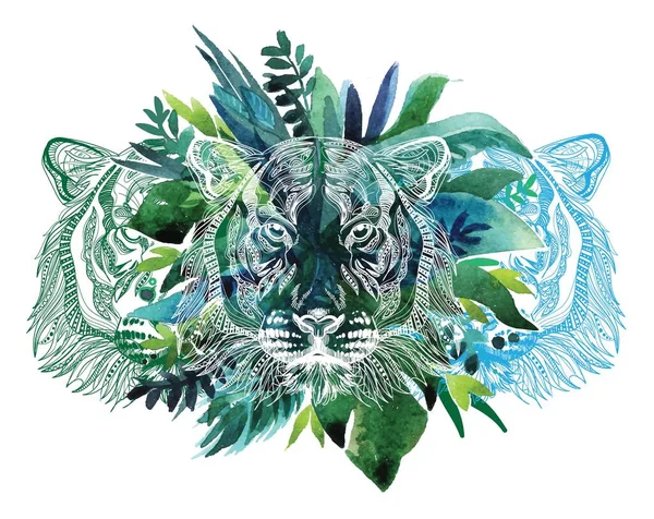 Tiger Dschungel Tigerkopf Auf Dem Hintergrund Tropischer Pflanzen Stilvoller Exotischer — Stockvektor