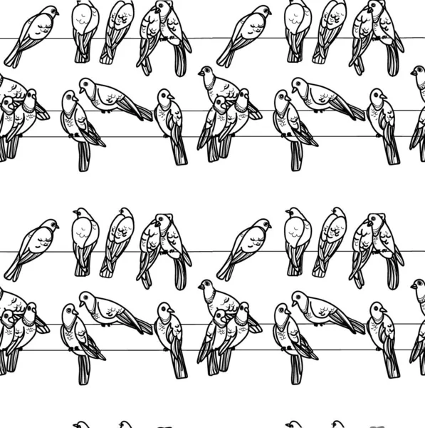 Palomas Cables Patrón Sin Costuras Con Pájaros Dibujo Mano Colorear — Archivo Imágenes Vectoriales
