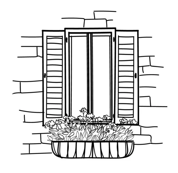 Ventana Abierta Con Una Caja Para Flores Ventana Cerrada Ventana — Vector de stock