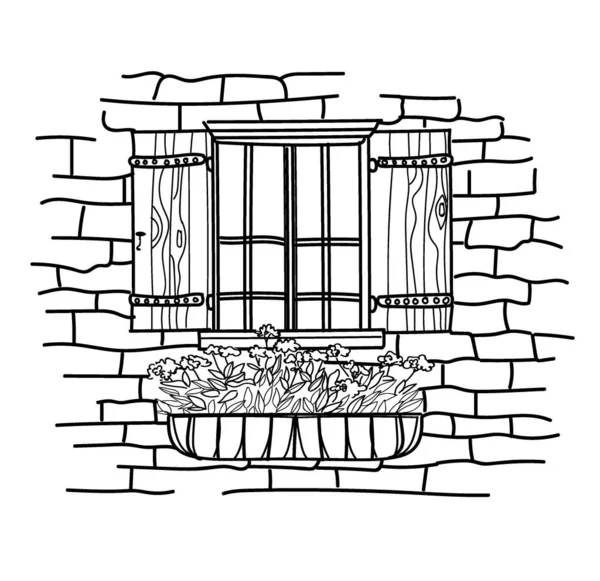 花のための箱で窓を開けなさい シャッター窓 アンティーク窓 窓の外の花 絵葉書 Print — ストックベクタ