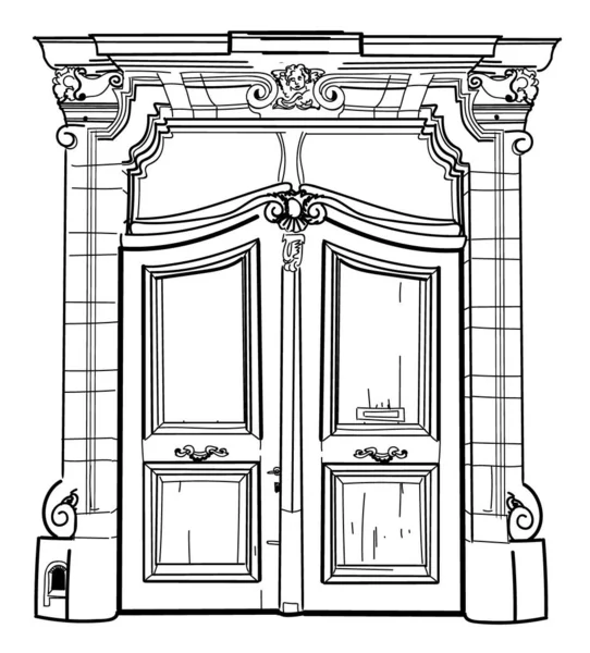 Antika kapı. Modern tarzda bir kapı. Ahşap kapı, sıva ve pencereli. Klasik tarzda freehand çizimi.