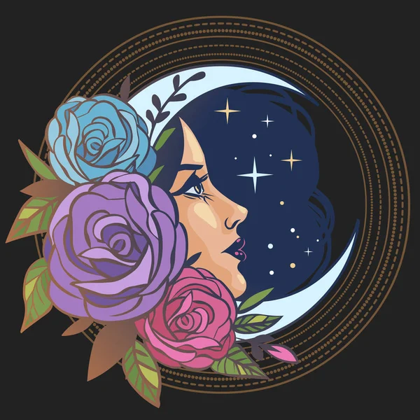 Female Face Roses Moon Stars Vector Hand Drawn Tattoo Illustration Stock Illustration