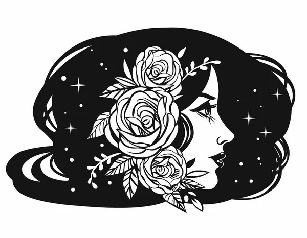 Beautiful Girl Roses Her Hair Vector Hand Drawn Illustration Stock Illustration