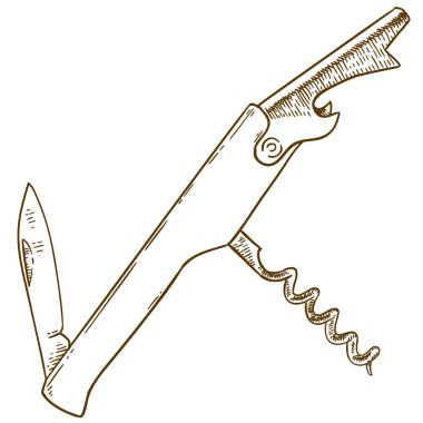 Tirbuşon veya şişe burgulu beyaz arka plan üzerinde izole çizimi çizim vektör antika gravür