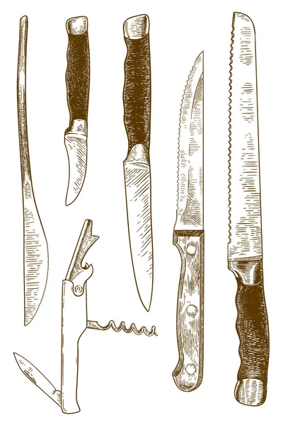 Векторная Антикварная Гравировка Рисунок Набора Кухонных Металлических Ножей Изолированных Белом — стоковый вектор