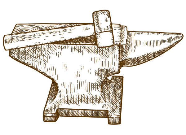 Векторная антикварная гравировка рисунок наковальни и молота изолированы на белом фоне
