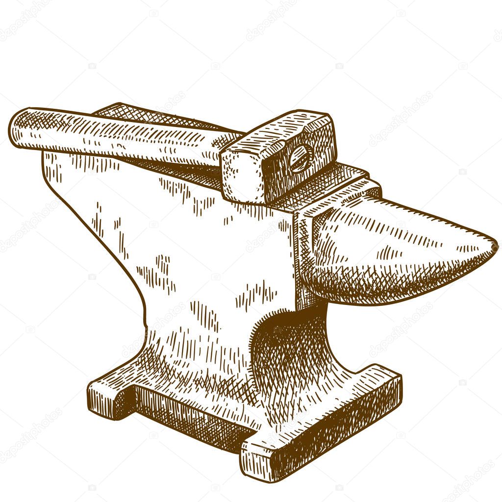Vector antique engraving drawing illustration of anvil and hammer isolated on white background