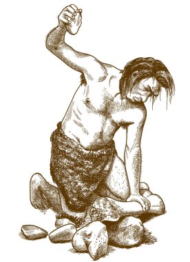 engraving illustration of caveman clipart