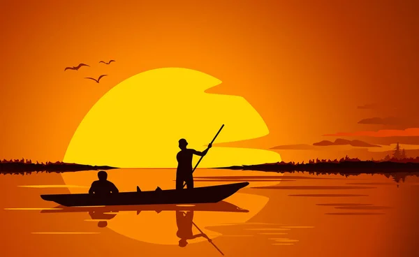 Dos siluetas en el barco en el lago al atardecer — Vector de stock