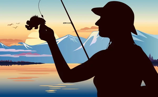 Une silhouette de femme attraper des poissons — Image vectorielle