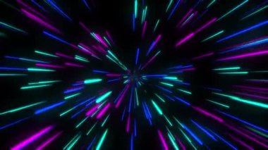 Soyut hiperuzay sıçraması. Yıldızlar mavi ve pembe izler bırakır. Neon ışınları hareket halinde. Teknoloji ağı bağlantı konsepti. 4K içerisinde Döngülü Hareket Grafiksel arkaplan.