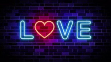 Yürekten sevmek. Duvarda tuğlalar olan neon renkli sevgililer gününüz kutlu olsun. Sevgililer Günü modern konsepti.
