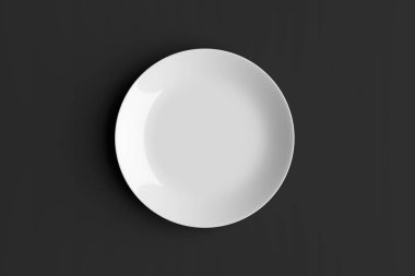 Boş beyaz tabak ya da siyah arka planda seramik tabak. Kırpma yolu ile 3B görüntüleme