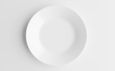 Beyaz zemin üzerinde boş beyaz tabak ya da seramik tabak. Kırpma yolu ile 3B görüntüleme.