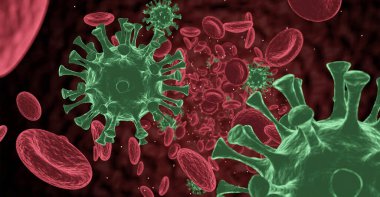 Mikroskop kan enfeksiyonu. Kan damarlarında virüs ve kırmızı kan hücreleri. 3 boyutlu Coronavirus konsepti. Bilimsel mikrobiyoloji kavramı