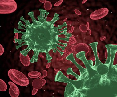 Mikroskop kan enfeksiyonu. Kan damarlarında virüs ve kırmızı kan hücreleri. 3 boyutlu Coronavirus konsepti. Bilimsel mikrobiyoloji kavramı