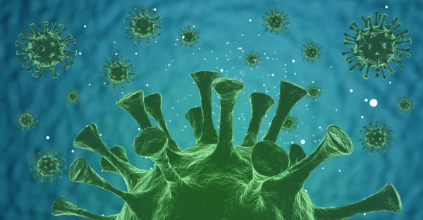 Microscope of green virus with blue background. 3D render Coronavirus concept. Scientific microbiology concept.