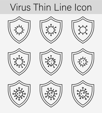 Bağışıklık sistemi ince çizgi simgesi seti. Anti virüs koruması. Kalkan güvenliği taslak simgesi. Düzenlenebilir vuruş vektörü.