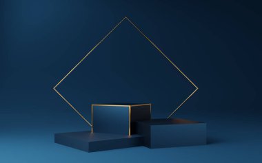 Altın kenarlı boş mavi küp podyum ve mavi arka planda altın kare. Soyut minimum stüdyo 3d geometrik şekil nesnesi. Ürün tasarımının gösterimi için maket alanı. 3d oluşturma.