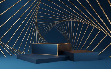 Altın kenarlı boş mavi küp podyum ve mavi arka planda altın kare. Soyut minimum stüdyo 3d geometrik şekil nesnesi. Ürün tasarımının gösterimi için maket alanı. 3d oluşturma.