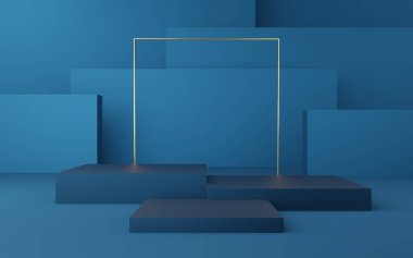 Altın kenarlı boş mavi küp podyum ve mavi kulübe arka planında altın kare. Soyut minimum stüdyo 3d geometrik şekil nesnesi. Ürün tasarımının gösterimi için maket alanı. 3d oluşturma.