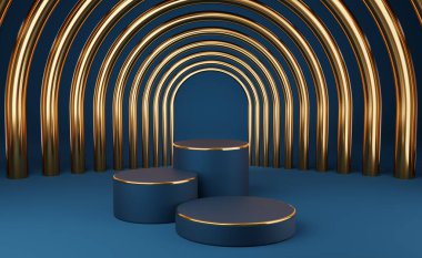 Altın kenarlı boş mavi silindir podyum ve mavi arka planda altın kemer. Soyut minimum stüdyo 3d geometrik şekil nesnesi. Ürün tasarımının gösterimi için maket alanı. 3d oluşturma