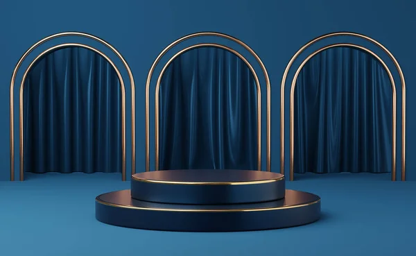 Leere Blaue Zylinderpodest Auf Goldenem Rand Bogen Blauer Vorhang Hintergrund — Stockfoto