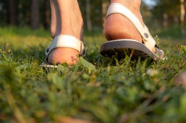 Parkta yürüyen bir adam. Sandaletli erkek bacakları açık topuklu, arka görüşlü. Seçici odaklanma, yakın plan. Boşluğu kopyala.