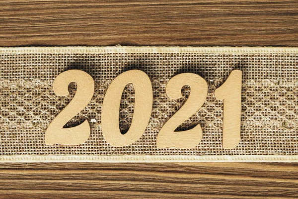 New Year 2021 Gold Numbers Festive Vintage Ribbon Wooden Background — Stock Photo, Image