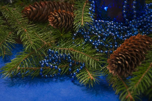 圣诞树分枝 有圆锥和珠子 背景是蓝色的 新年和圣诞节的结构和背景 — 图库照片
