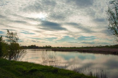 Ağaçlar ve çimlerle çevrili güzel göl, mavi gökyüzü ve bulutlarla çevrili.