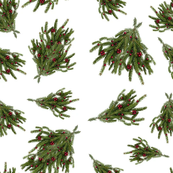 Bezešvé Textury Přírodního Vánoční Strom Větev Červenými Kuličkami Bobulí — Stock fotografie