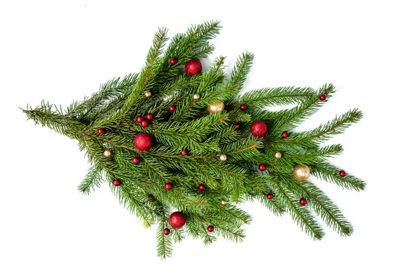 Ramura Crăciun Unui Copac Natural Bile Roșii Aurii Fundal Alb — Fotografie, imagine de stoc