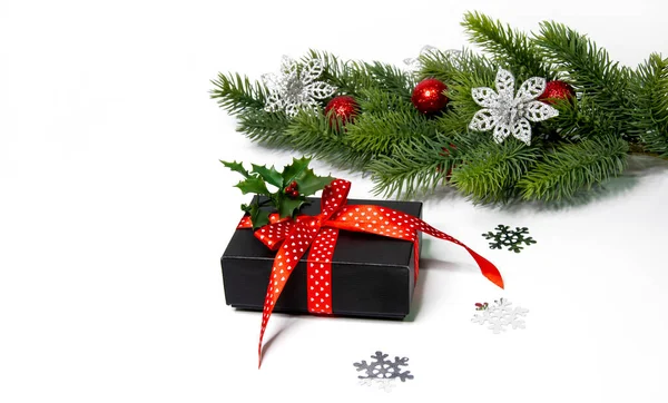 Fondo Navidad Con Decoraciones Agujas Pino Cajas Regalo — Foto de Stock