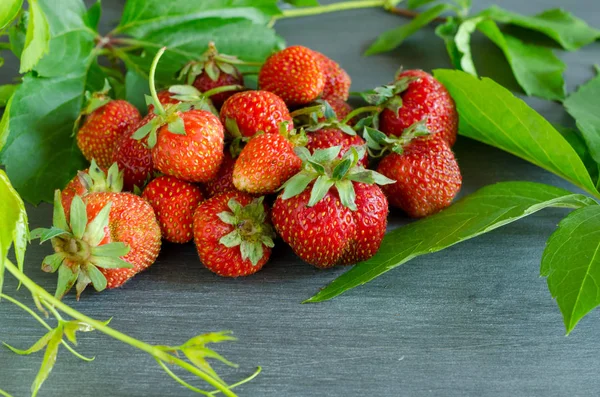 Fragole rosse mature fresche sul tavolo grigio. Dieta, sana, vegana . — Foto Stock