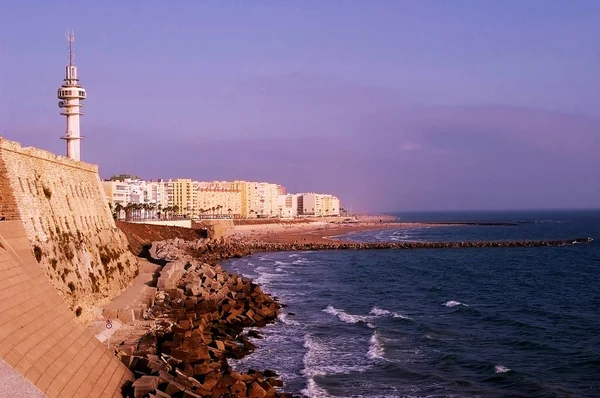 Puesta Sol Costa Bahía Ciudad Cádiz Andalucía España Europa —  Fotos de Stock