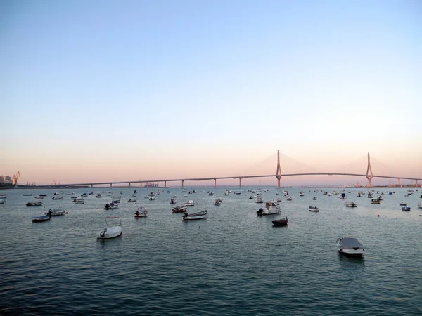 Barcos Pesca Pôr Sol Puente Constitucion Chamada Pepa Baía Cádiz — Fotografia de Stock