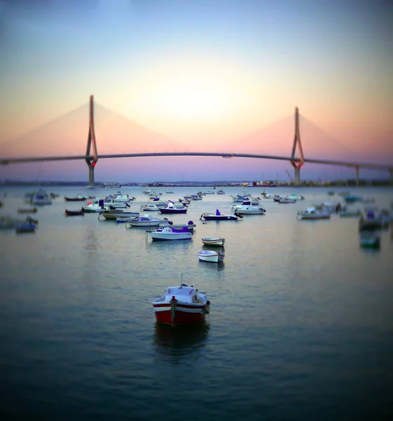 Fishing Boats Sunset Puente Constitucion Called Pepa Bay Cadiz Andalusia — Stock Photo, Image