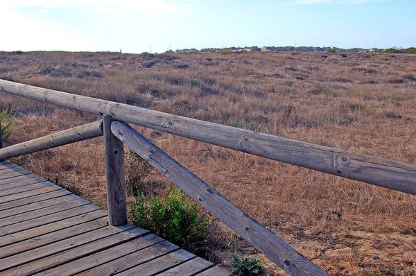 Chodzić Drewnianych Poręczy Plaży Kadyks Andaluzji Hiszpania — Zdjęcie stockowe